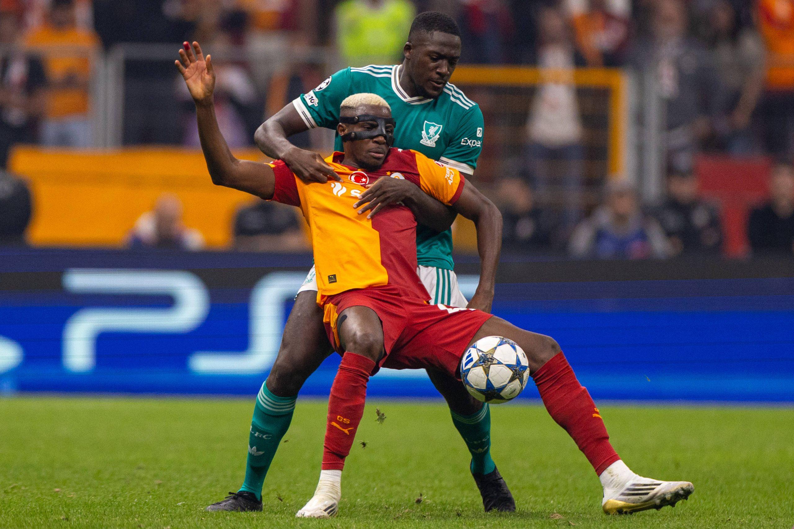 Ibrahima Konate challenges Galatasaray s Victor Osimhen during the UEFA Champions League match between Galatasaray and Liverpool FC at the Ali Sami Yen Stadium.