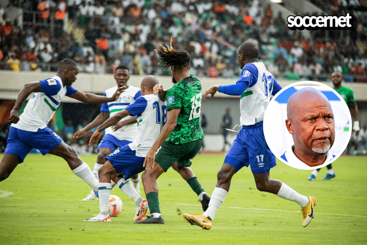 The Super Eagles of Nigeria in action against the Crocodiles of Lesotho at the Godswill Akpabio International Stadium in Uyo, and their coach Leslie Notši