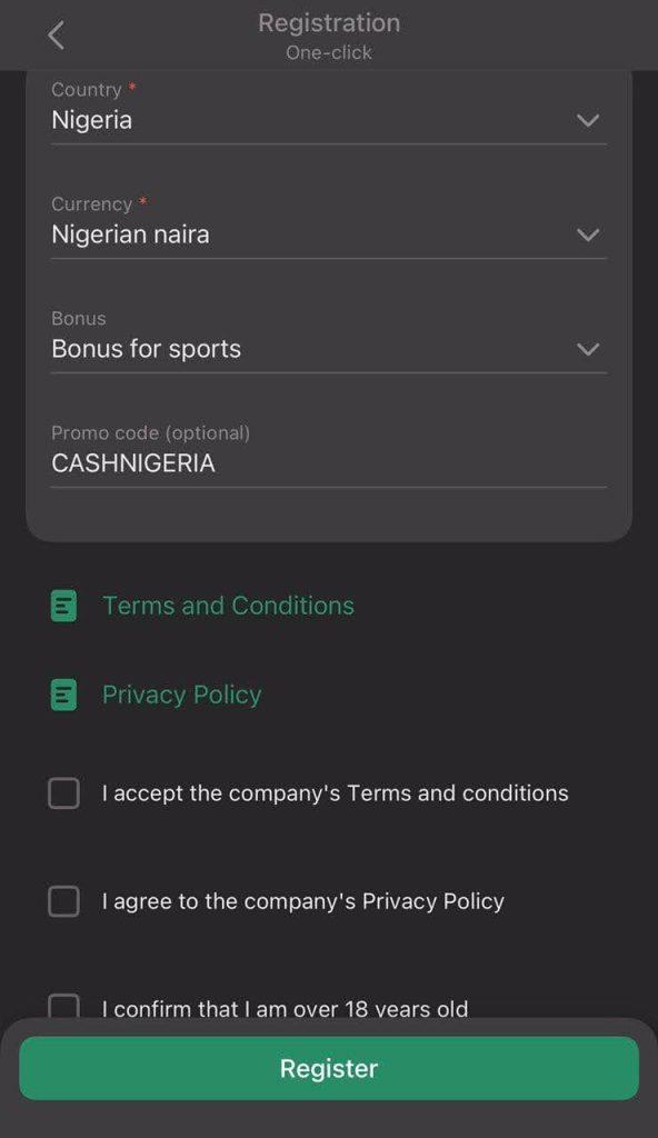 Betwinner code promo CASHNIGERIA entered in the registration form.