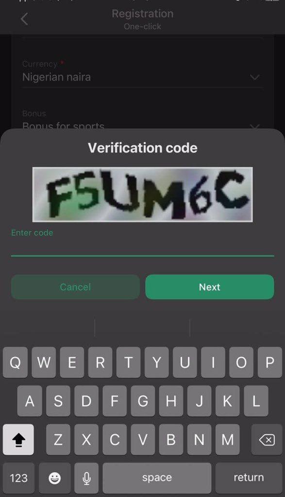 Betwinner registration confirmation screen.