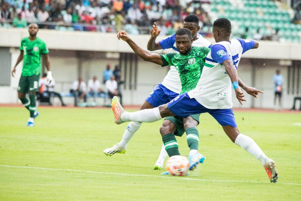 Collins Jamilu during the World Cup Qualifiers match between Nigeria and Lesotho at Godswill Akpabio International Stadium on November 16, 2023 in Uyo, Nigeria
