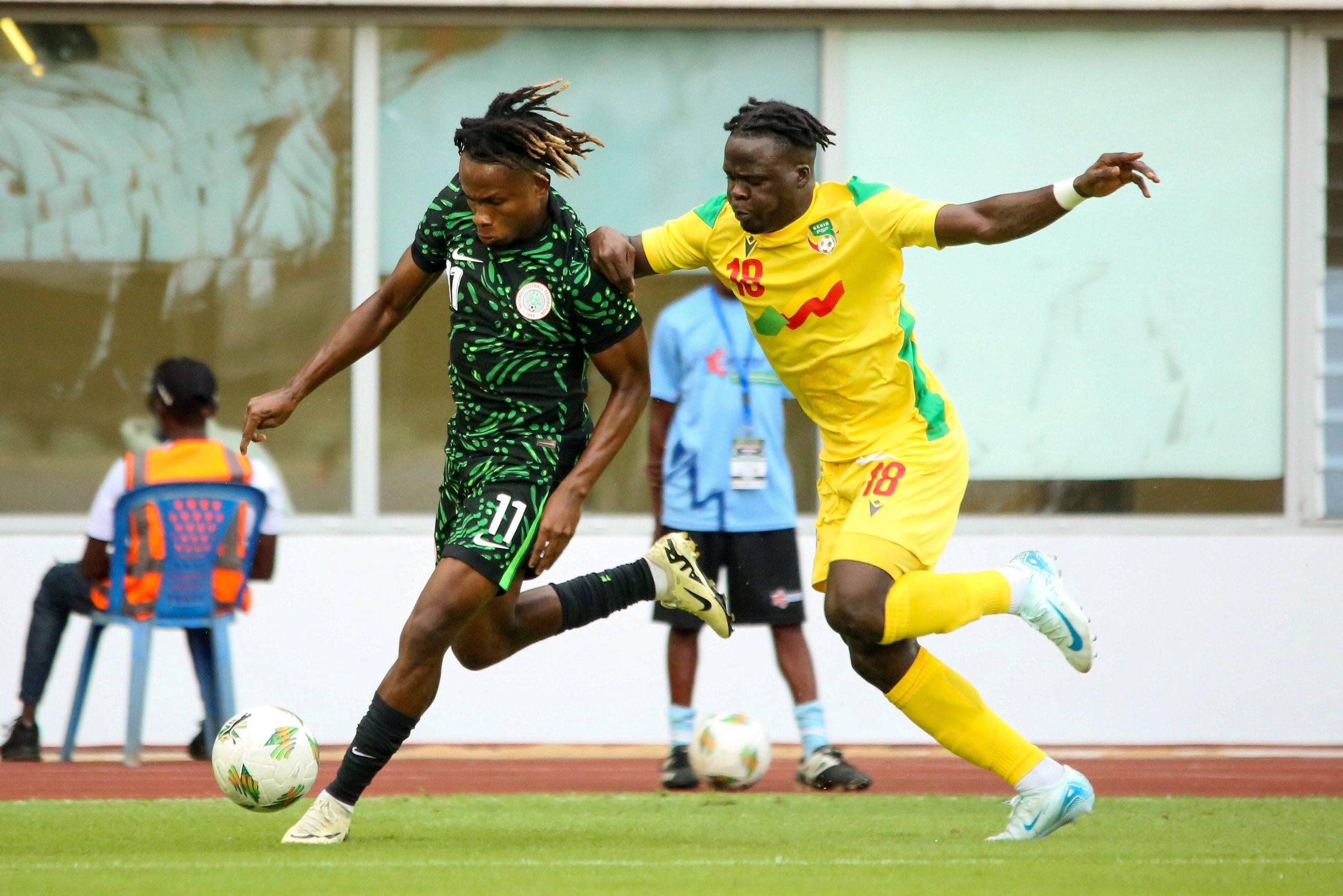 Samuel Chukwueze of Nigeria and Ishola Junior Olaitan of Benin during the 2025 Africa Cup of Nations AFCON qualifier match between Nigeria and Benin Republic