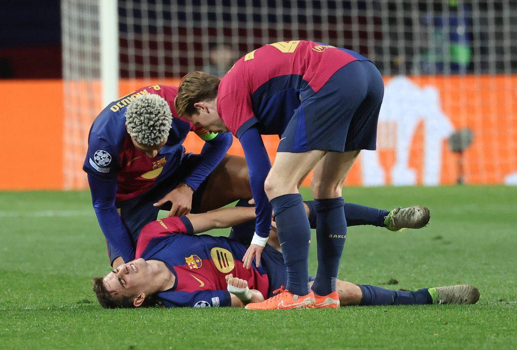 Gavi is injured during the match between FC Barcelona and Atalanta BC in the week 8 of the league phase of the UEFA Champions League, played at the Lluis Companys Stadium in Barcelona, Spain, on January 29, 2025. Barcelona Barcelona Spain
