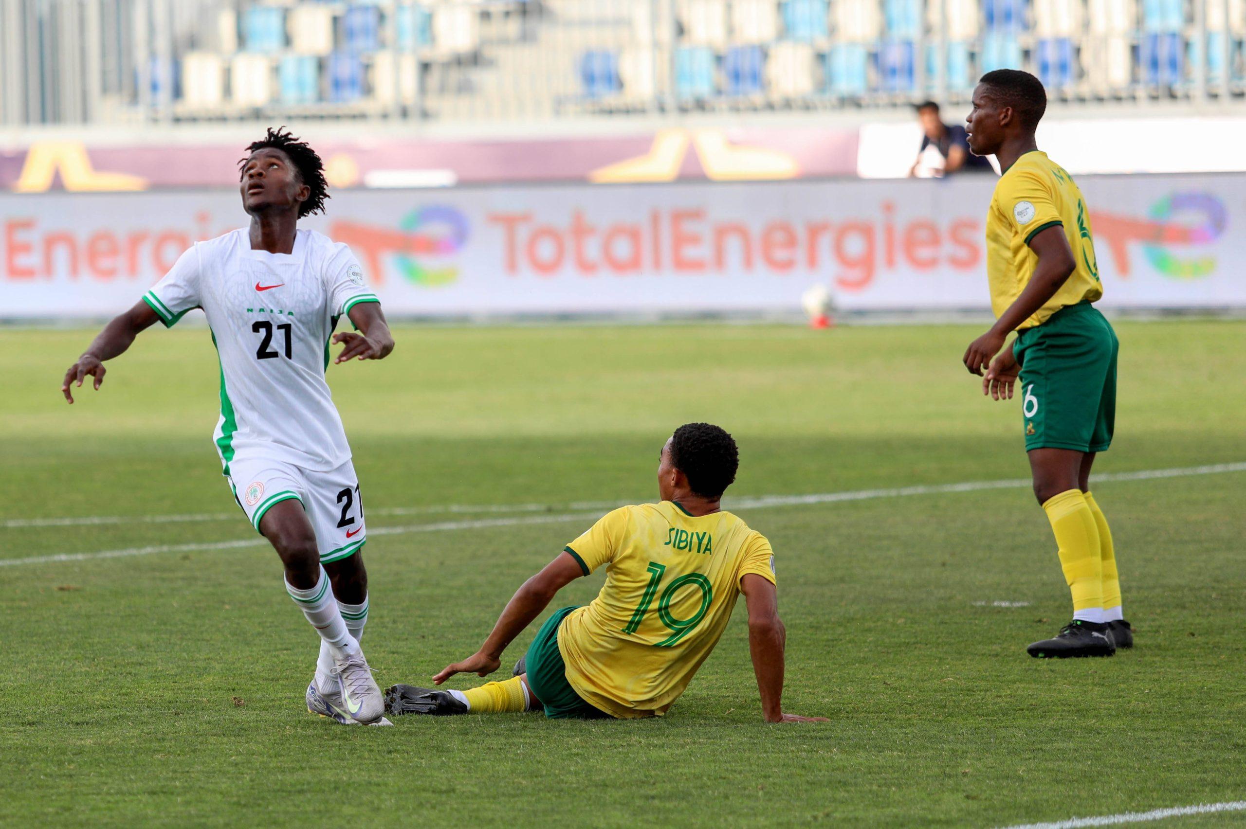 Tahir Maigana of Nigeria and Thato Sibiya of South Africa during the men U20 Caf Africa Cup of Nations Semi Final match between South Africa and Nigeria