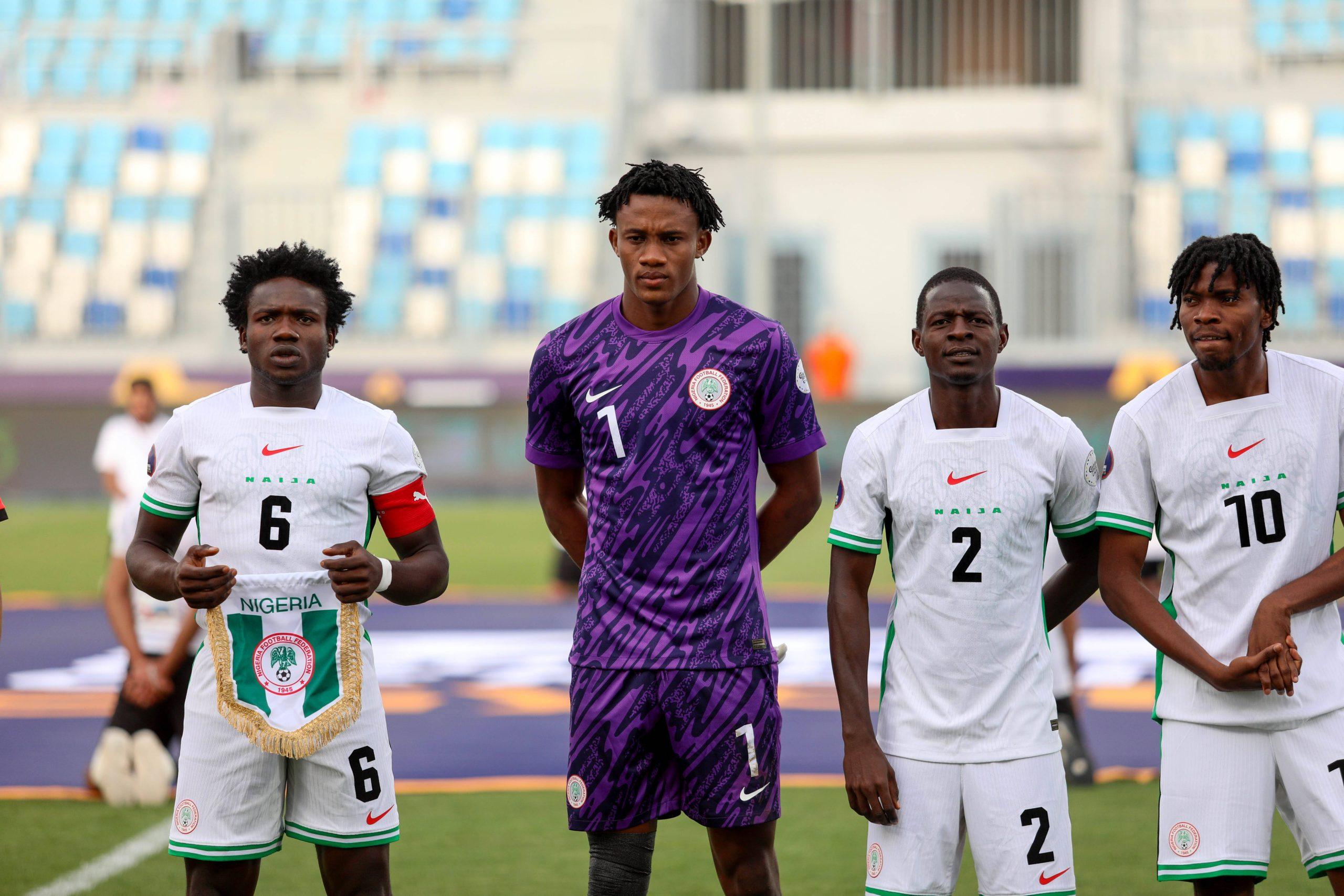 Daniel Kolocho Bameyi, Ebenezer Harcourt, Adamu Bajibir Maigari and Israel Isaac Ayuma of Nigeria during the men U20 Caf Africa Cup of Nations Semi Final match between South Africa and Nigeria at Suez Canal Stadium on May 15, 2025 in Ismailia, Egypt