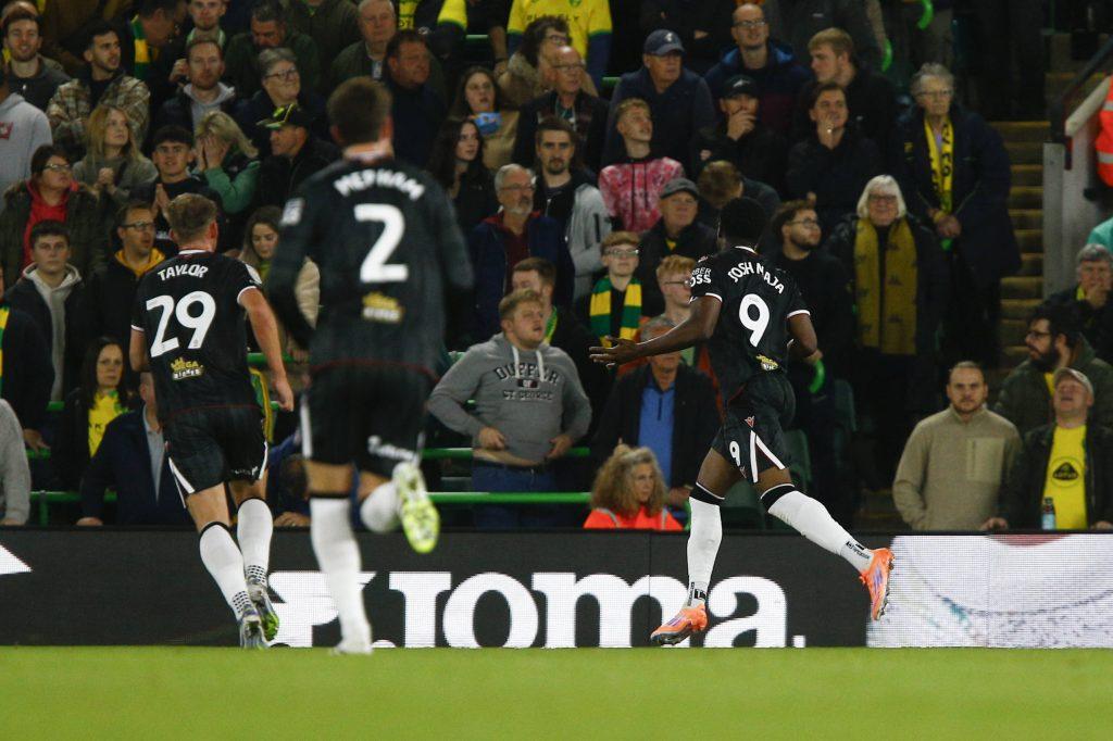 Josh Maja celebrates scoring his sides 1st goal during the Sky Bet Championship match at Carrow Road, Norwich UK