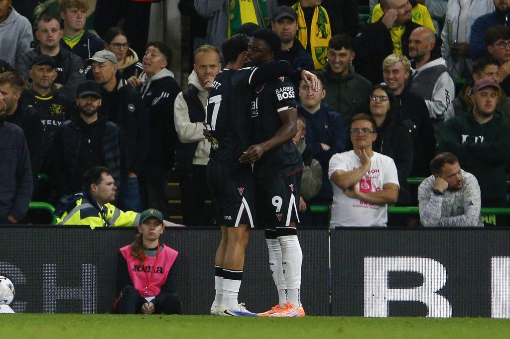 Josh Maja celebrates scoring his sides 1st goal during the Sky Bet Championship match at Carrow Road, Norwich UK