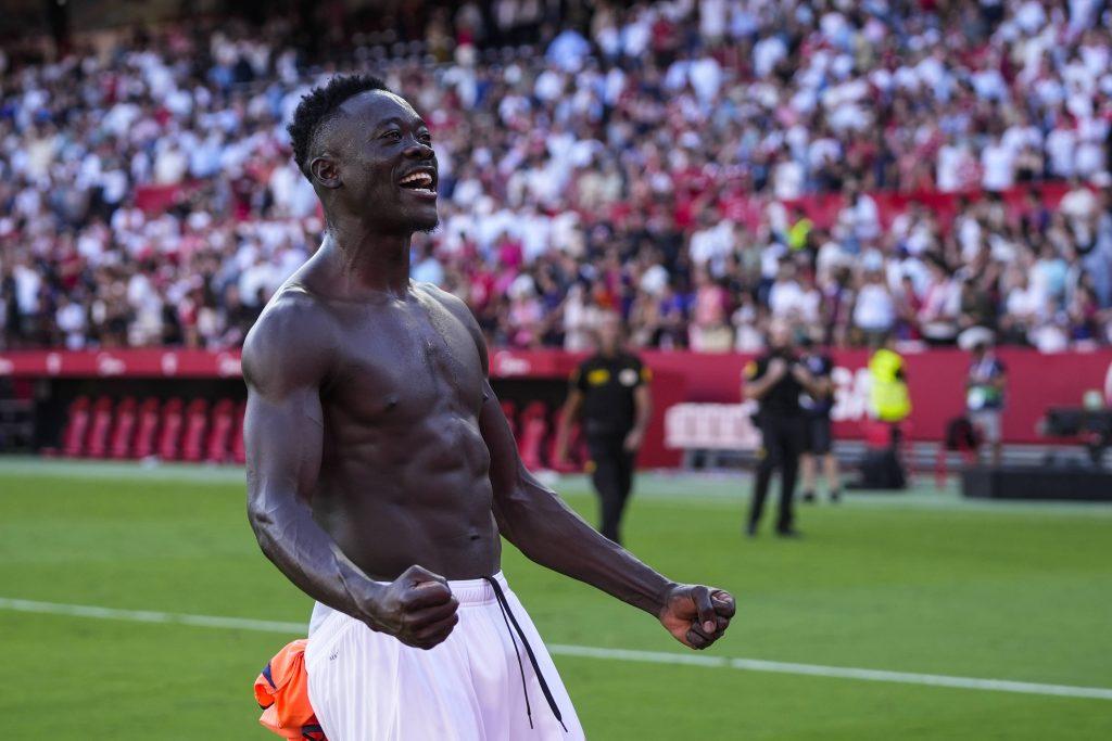 Akor Adams celebrate the victory during the Spanish league, LaLiga EA Sports, football match played between Sevilla FC and FC Barcelona, Barca at Ramon Sanchez-Pizjuan stadium on October 5, 2025, in Sevilla