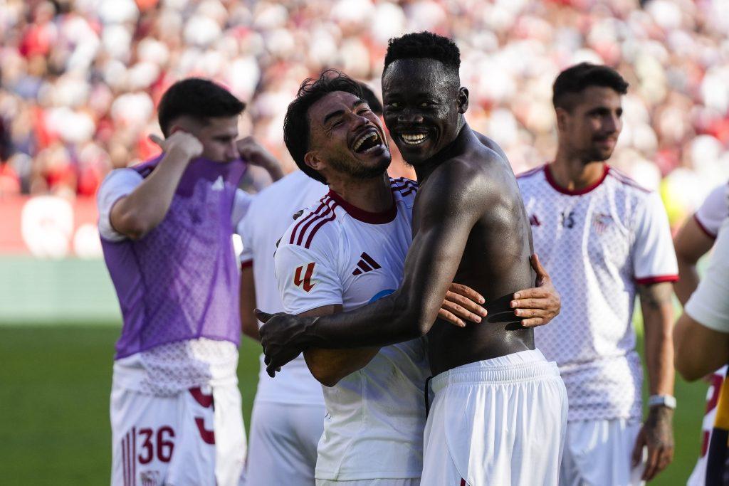 Gabriel Suazo and Akor Adams gestures during the Spanish league, LaLiga EA Sports, football match played between Sevilla FC and FC Barcelona, Barca at Ramon Sanchez-Pizjuan stadium on October 5, 2025, in Sevilla, Spain