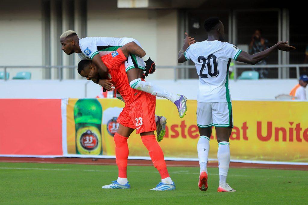 Victor Osimhen, Akor Adams and Stanley Nwabali of Nigeria during the 2026 FIFA World Cup qualifier match between Super Eagles of Nigeria and Benin Republic at Godwill Akpabio Stadium on October 14, 2025 in Uyo, Nigeria