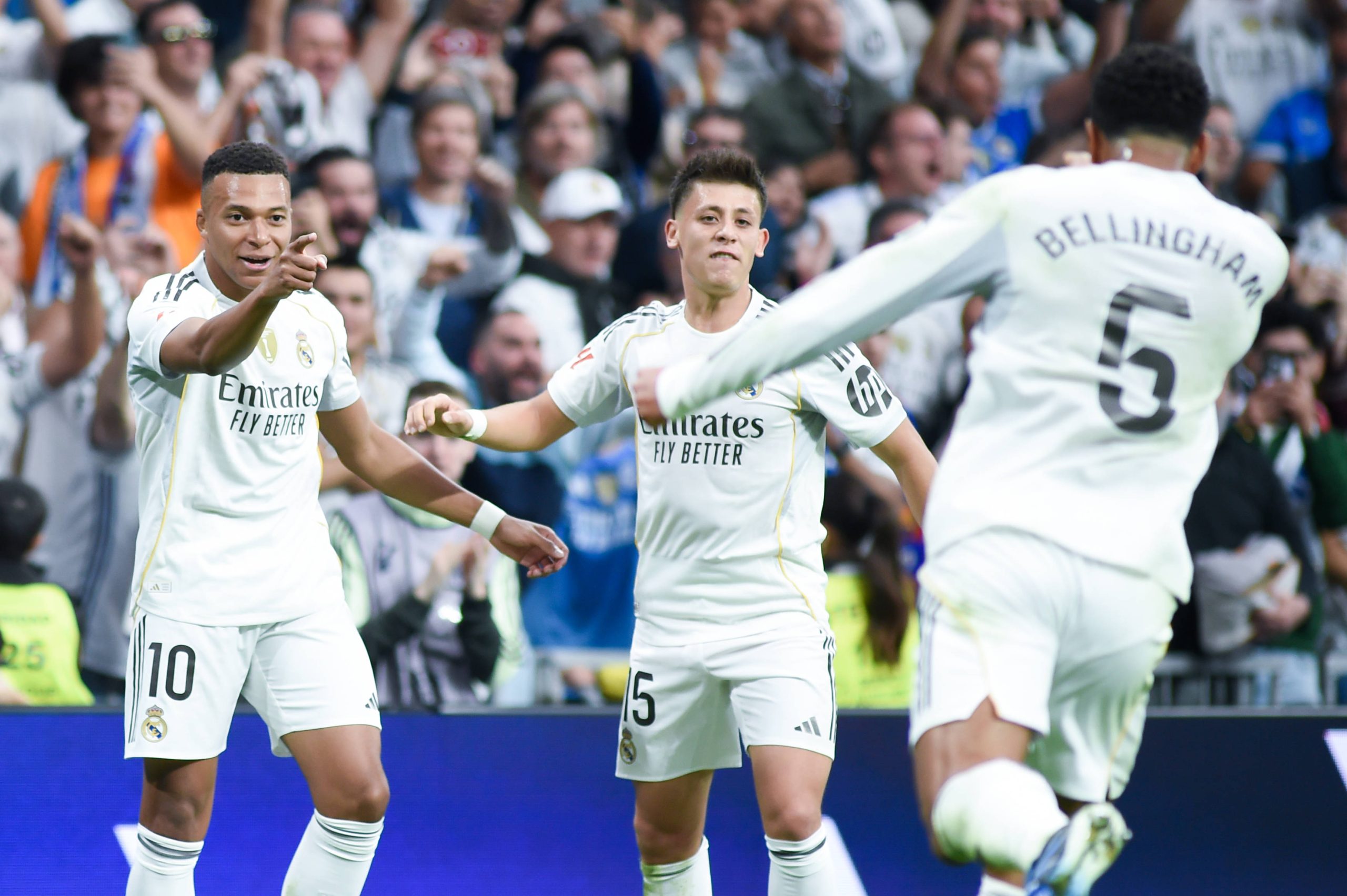 Kylian Mbappe and Jude Bellingham celebrate a goal during the La Liga football match between Real Madrid and FC Barcelona