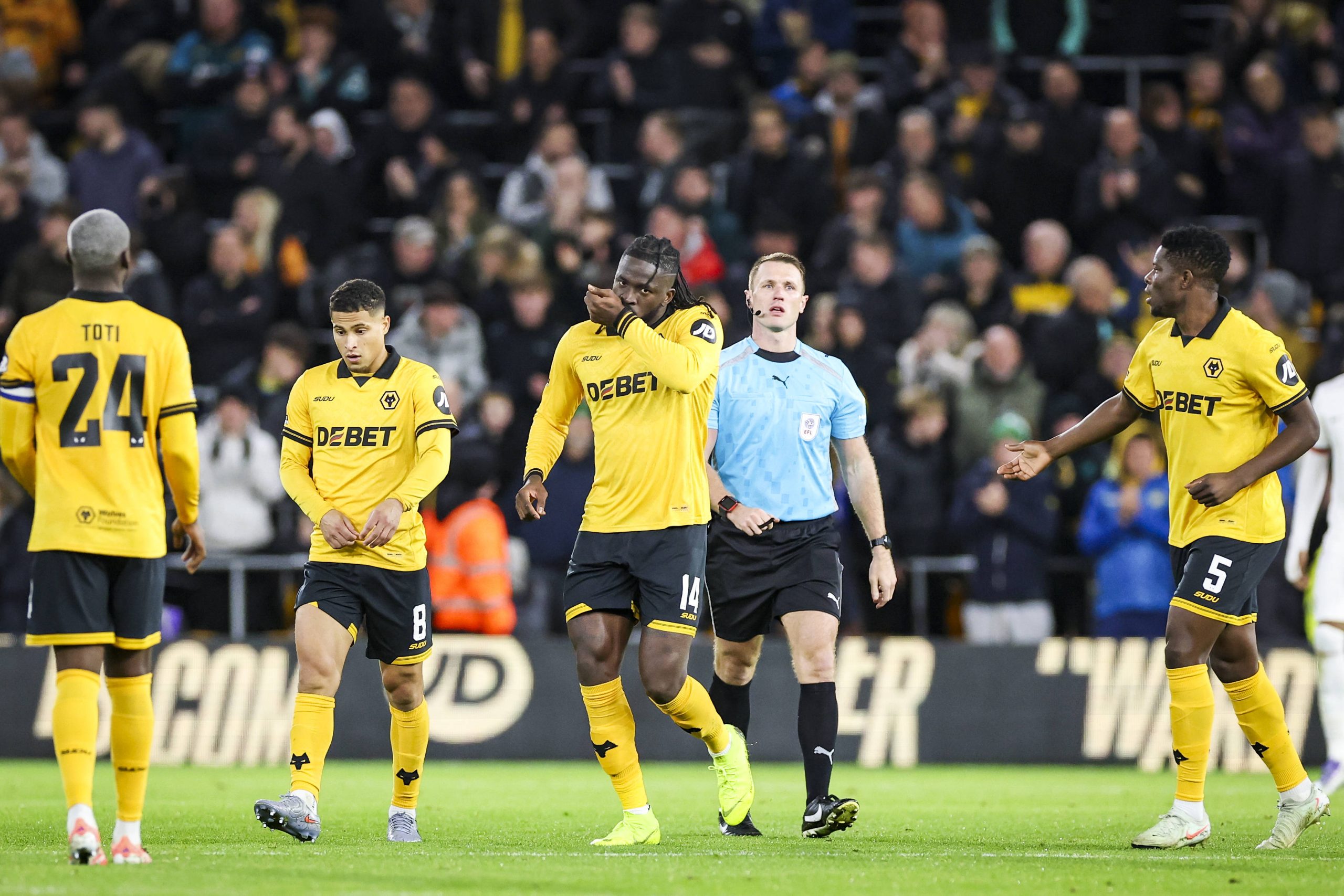 Tolu Arokodare scores a GOAL 1-3 and celebrates during the Wolverhampton Wanderers v Chelsea Carabao Cup Round of 16 match at Molineux Stadium, Wolverhampton, England