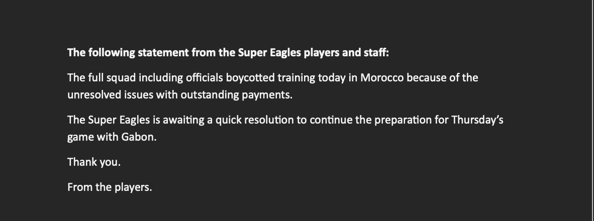 Statement from Super Eagles' players and staffs to NFF