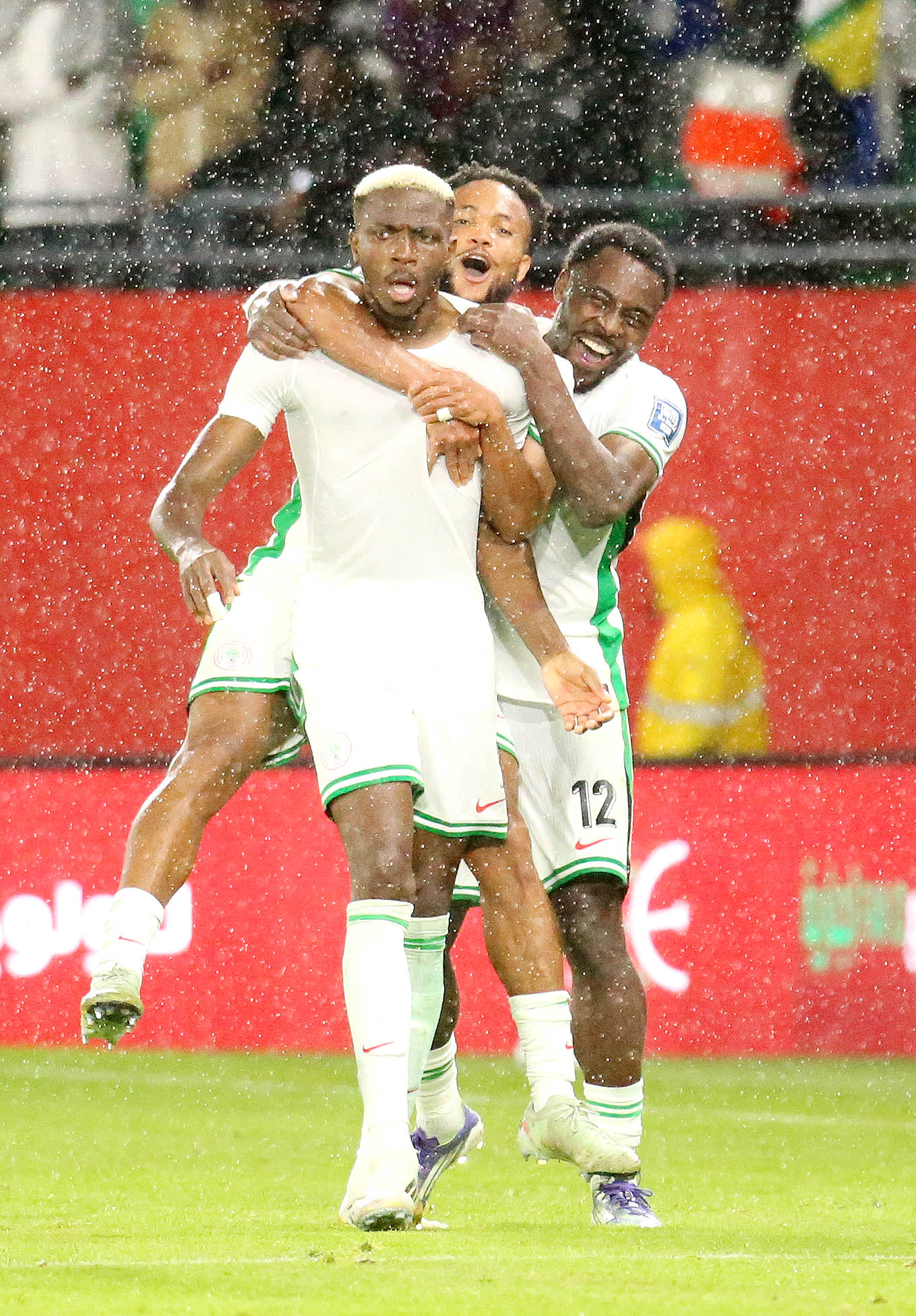 Chidera Ejuke, Bright Osayi Samuel, Victor Osimhen celebrate goal vs Gabon