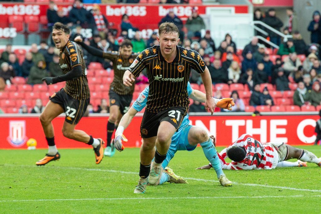 Joe Gelhardt celebrates his 90th minute winner at the bet365 Stadium to give Hull City the lead against Stoke City