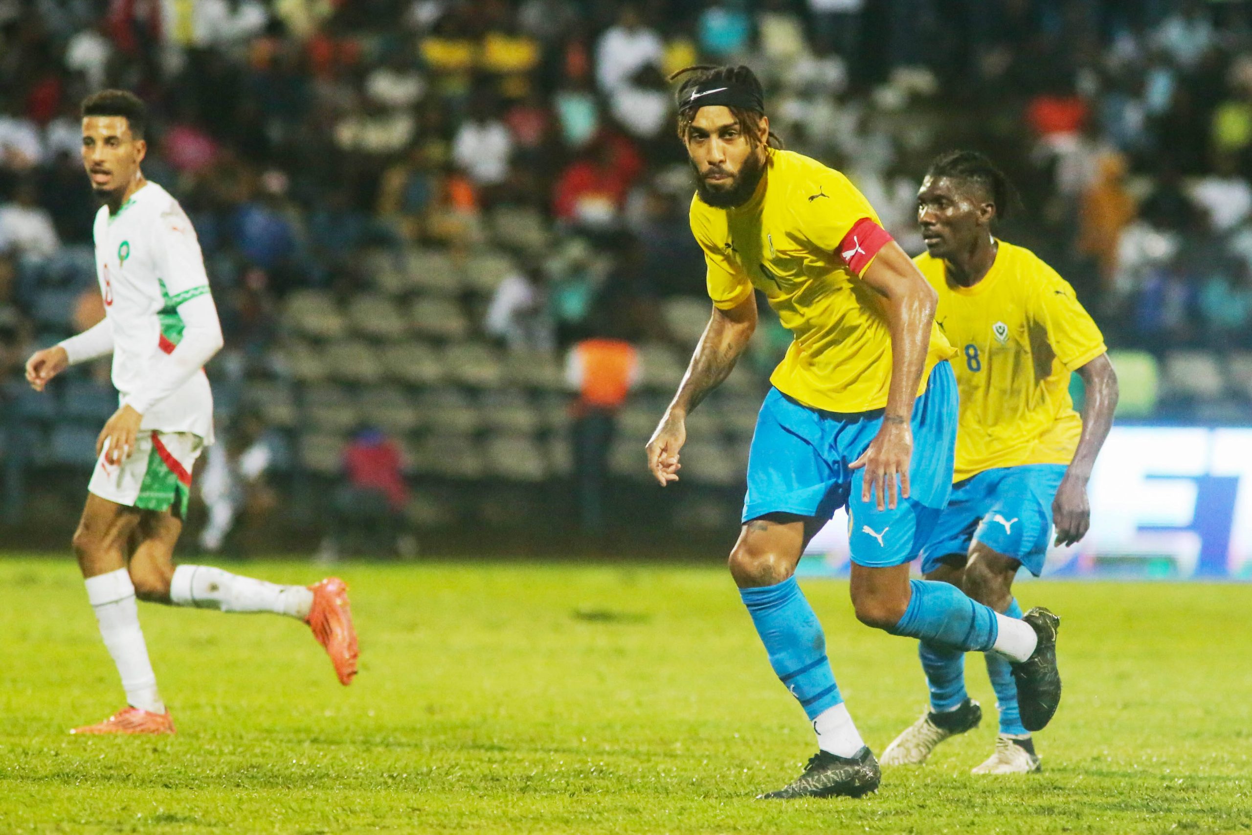 Pierre-Emerick Aubameyang of Gabon and Jamal Harkass of Morocco during the 2025 Men s Africa Cup of Nations AFCON qualifier match between Gabon and Morocco