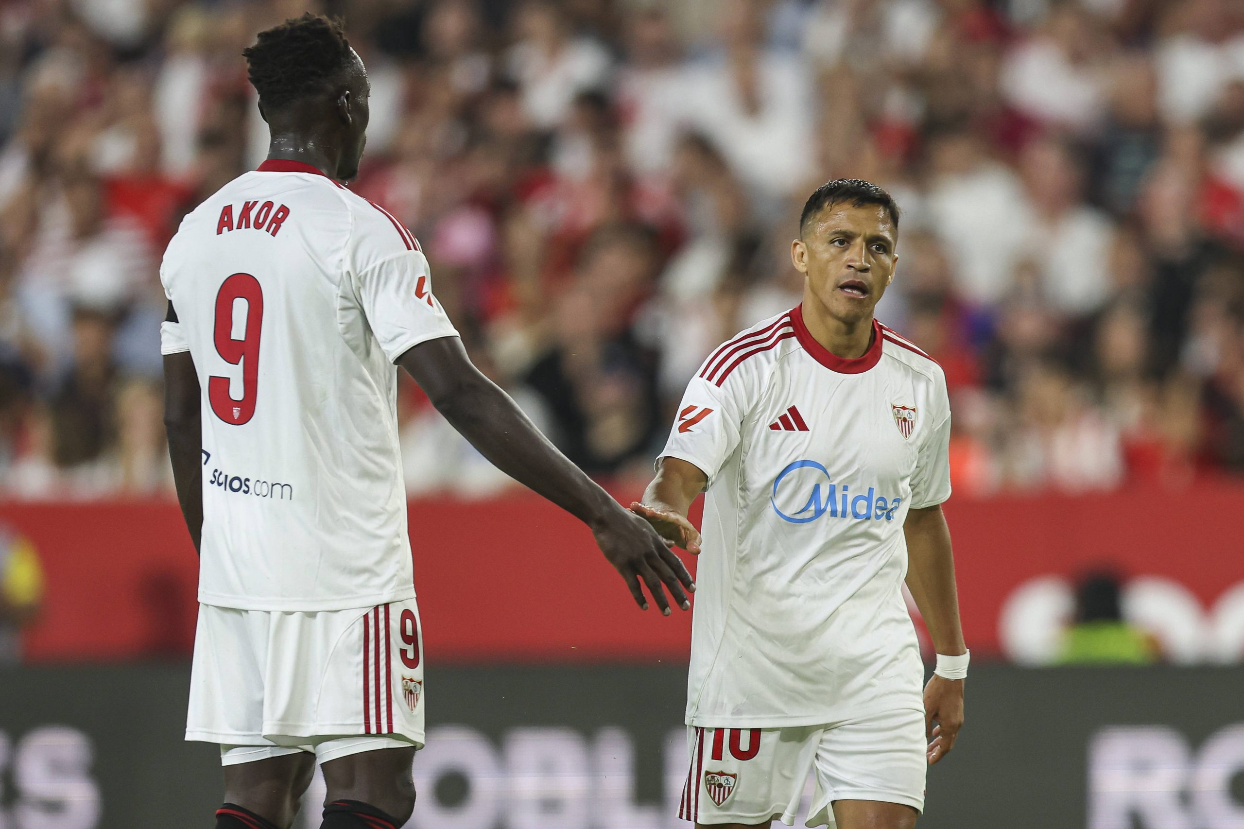 Alexis Sanchez and Akor Adams between Sevilla FC and Villarreal CF at Ramon Sanchez-Pizjuan stadium, Sevilla, Spain
