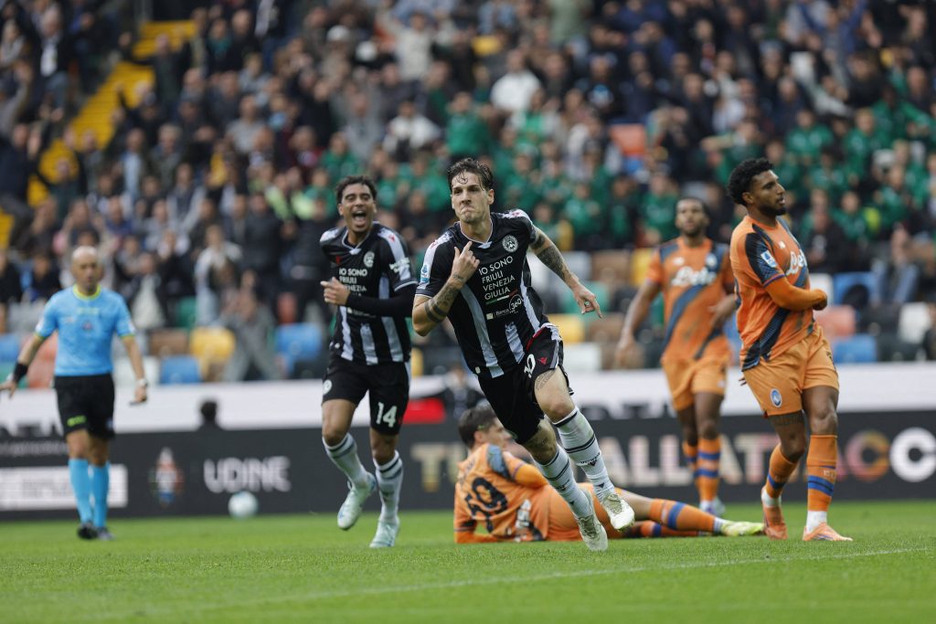 NICOLO ZANIOLO celebrates after scoring a goal during the 2026 Italian Serie A ENILIVE 2025/26 football match between Udinese and Atalanta at Bluenergy Stadium on November 1st, 2025, Udine, Italy