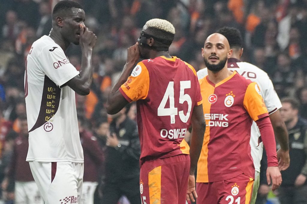 Victor Osimhen and Paul Onuachu during the Trendyol Turkish Super League match between Galatasaray SK and Trabzonspor at Rams Park Stadium on November 1, 2025 in Istanbul, Turkey