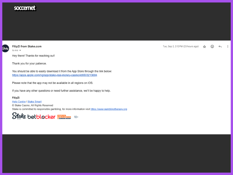 Email interaction between Soccernet team and Stake customer support.