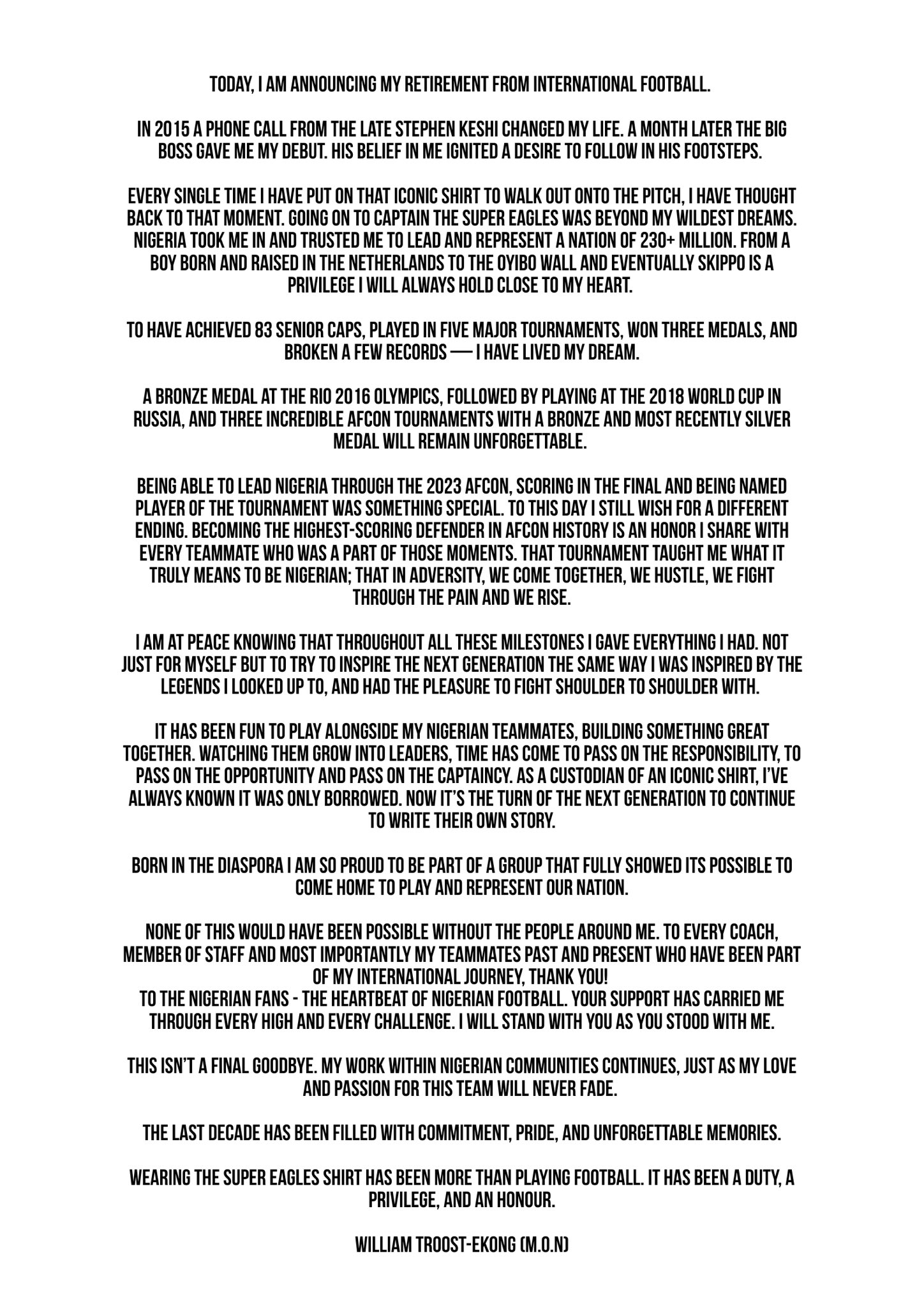 William Troost Ekong sends letter to Nigerian fans