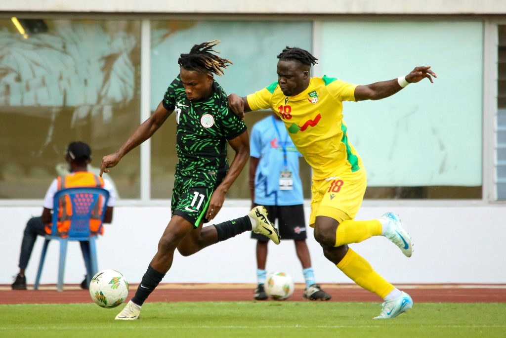 Samuel Chukwueze and Ishola Junior Olaitan during the 2025 AFCON qualifier match between Nigeria and Benin Republic