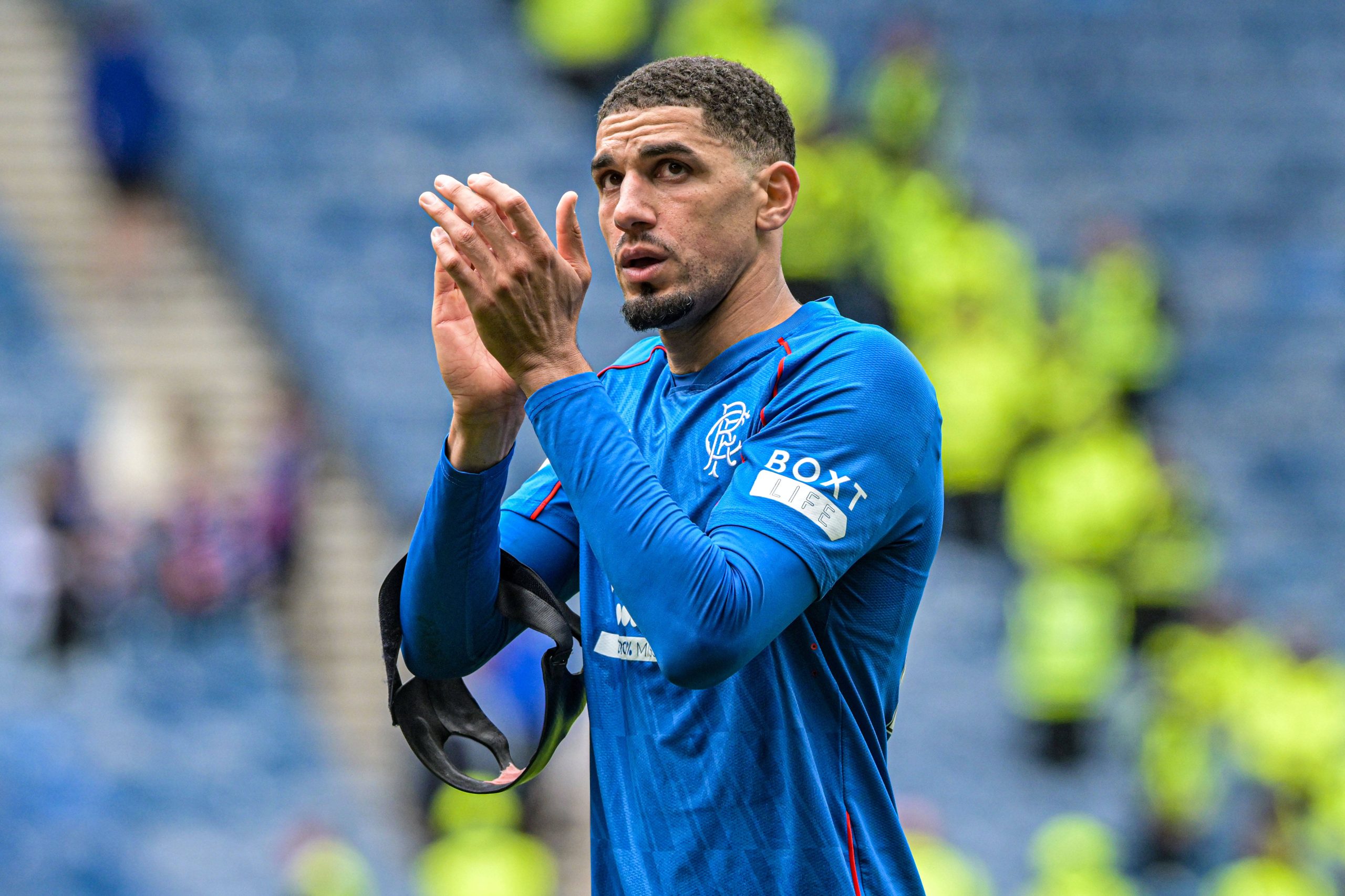 Leon Balogun of Rangers thanks fans Premiership match