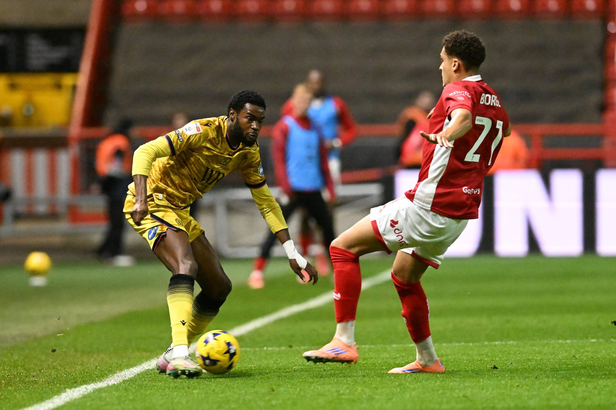 Ryan Alebiosu battles for possession with Neto Borges during the EFL Sky Bet Championship match between Bristol City and Blackburn Rove