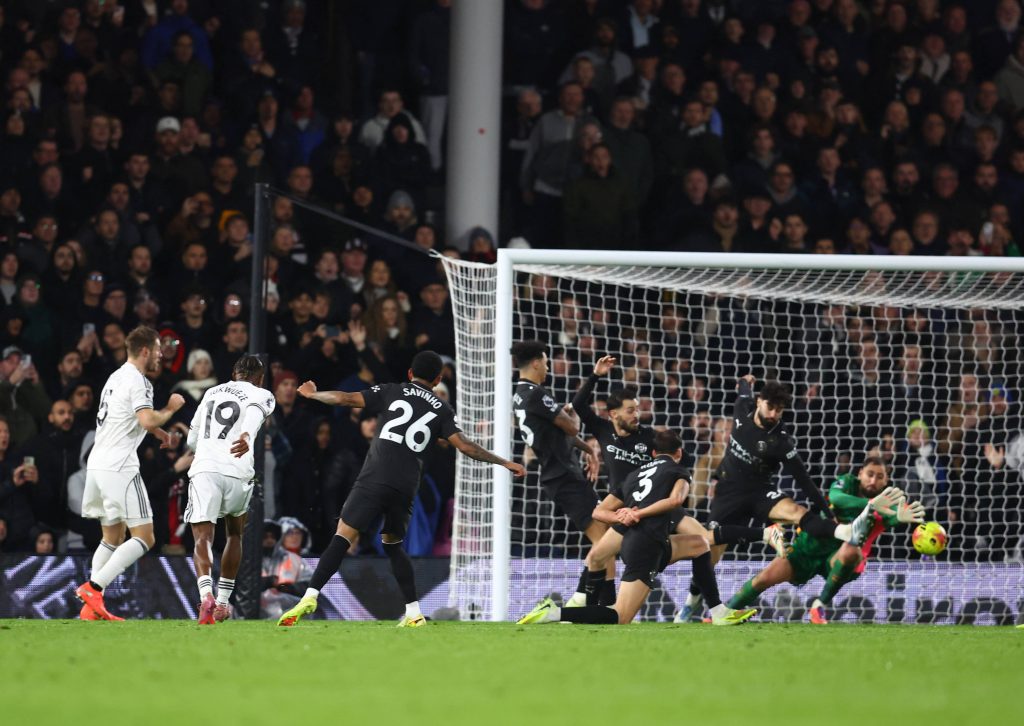 Samuel Chukwueze scoring their fourth goal during the Fulham vs Manchester City
