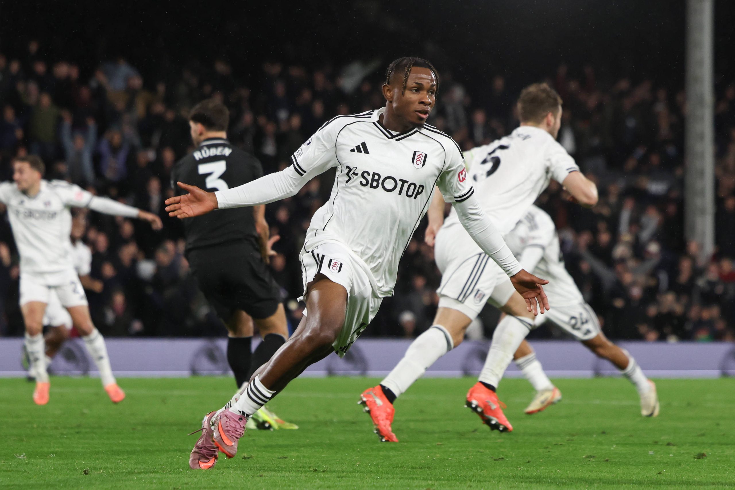 Fulham forward Samuel Chukwueze celebrates after scoring his second goal 4-5 during the Fulham v Manchester City