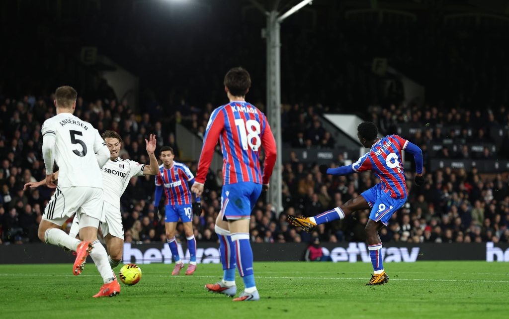 Eddie Nketiah scores the first goal during the Fulham vs Crystal Palace Premier League match