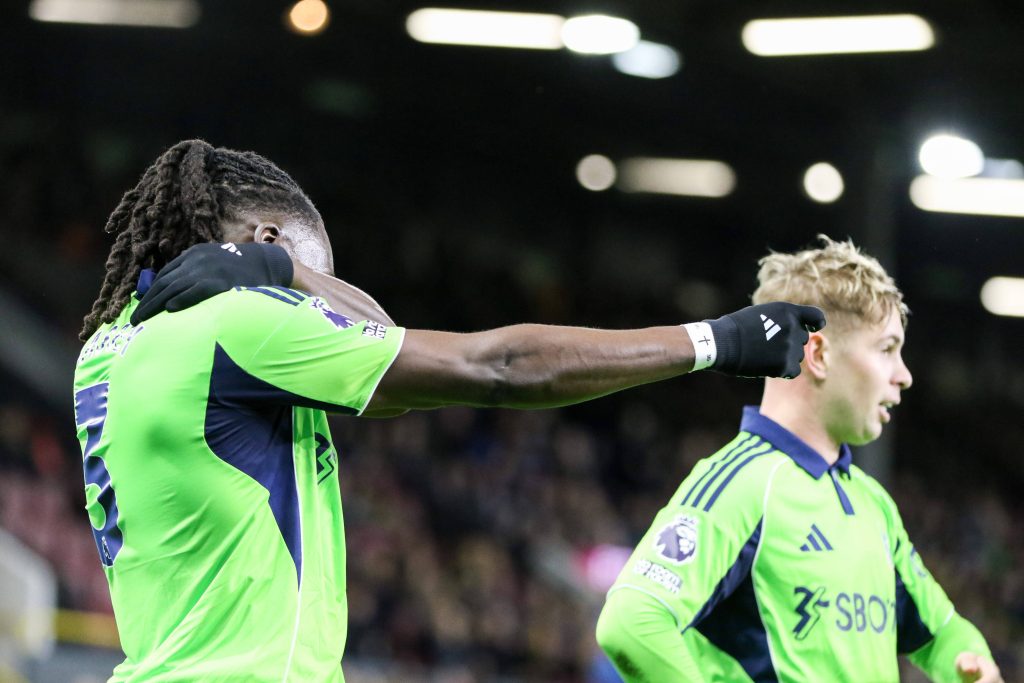Calvin Bassey celebrates his goal with Emile Smith Rowe during the Premier League match between Burnley and Fulham