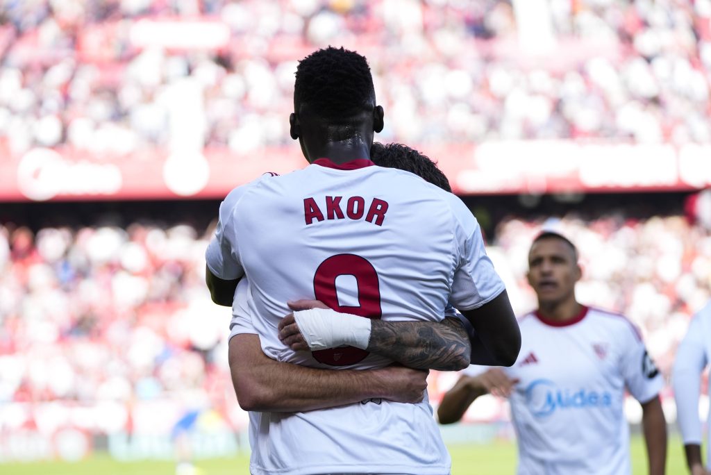 Akor Adams celebrates a goal during the Spanish league, LaLiga EA Sports, football match played between Sevilla FC and Real Oviedo
