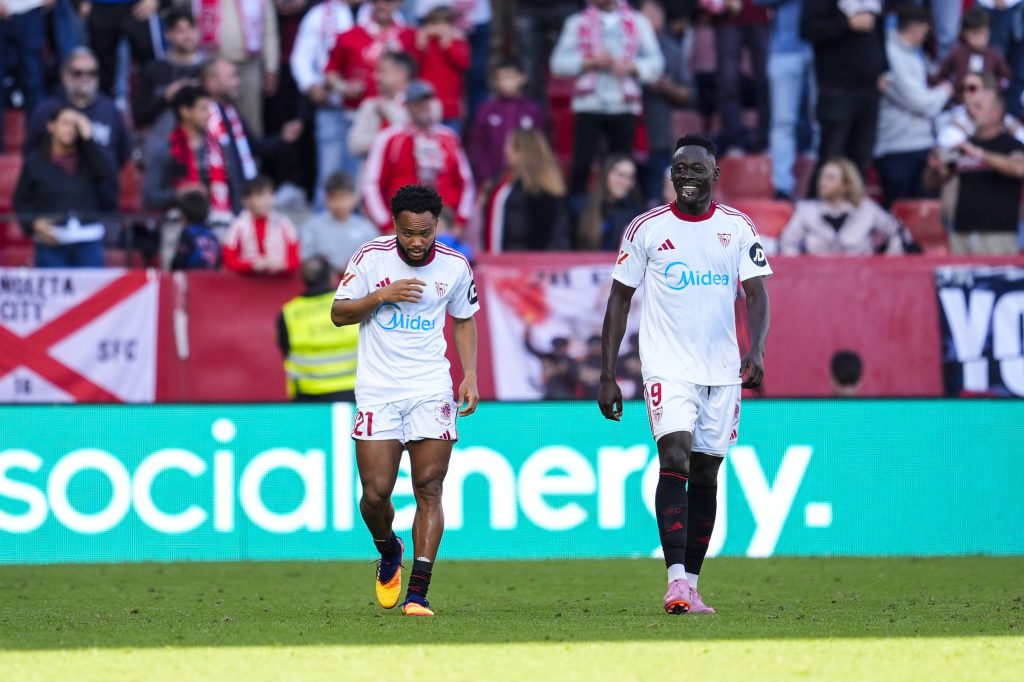Akor Adams and Chidera Ejuke celebrate a goal during the Spanish league, LaLiga EA Sports, football match played between Sevilla FC and Real Oviedo