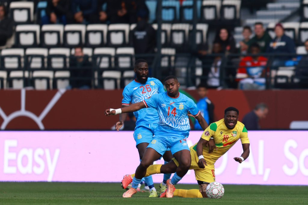 Arthur Masuaku, Noah Sadiki, Junior Olaitan in action during the Africa Cup of Nations 2025 match of group D between DR Congo national team and Benin national team