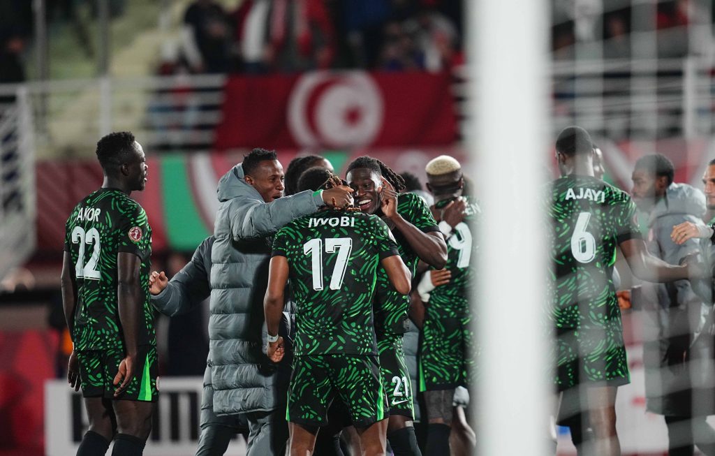 Calvin Chinedu Bassey, and Alexander Chuka Iwobi celebrate during the Africa Cup Of Nations match between Tunisia and the Super Eagles of Nigeria