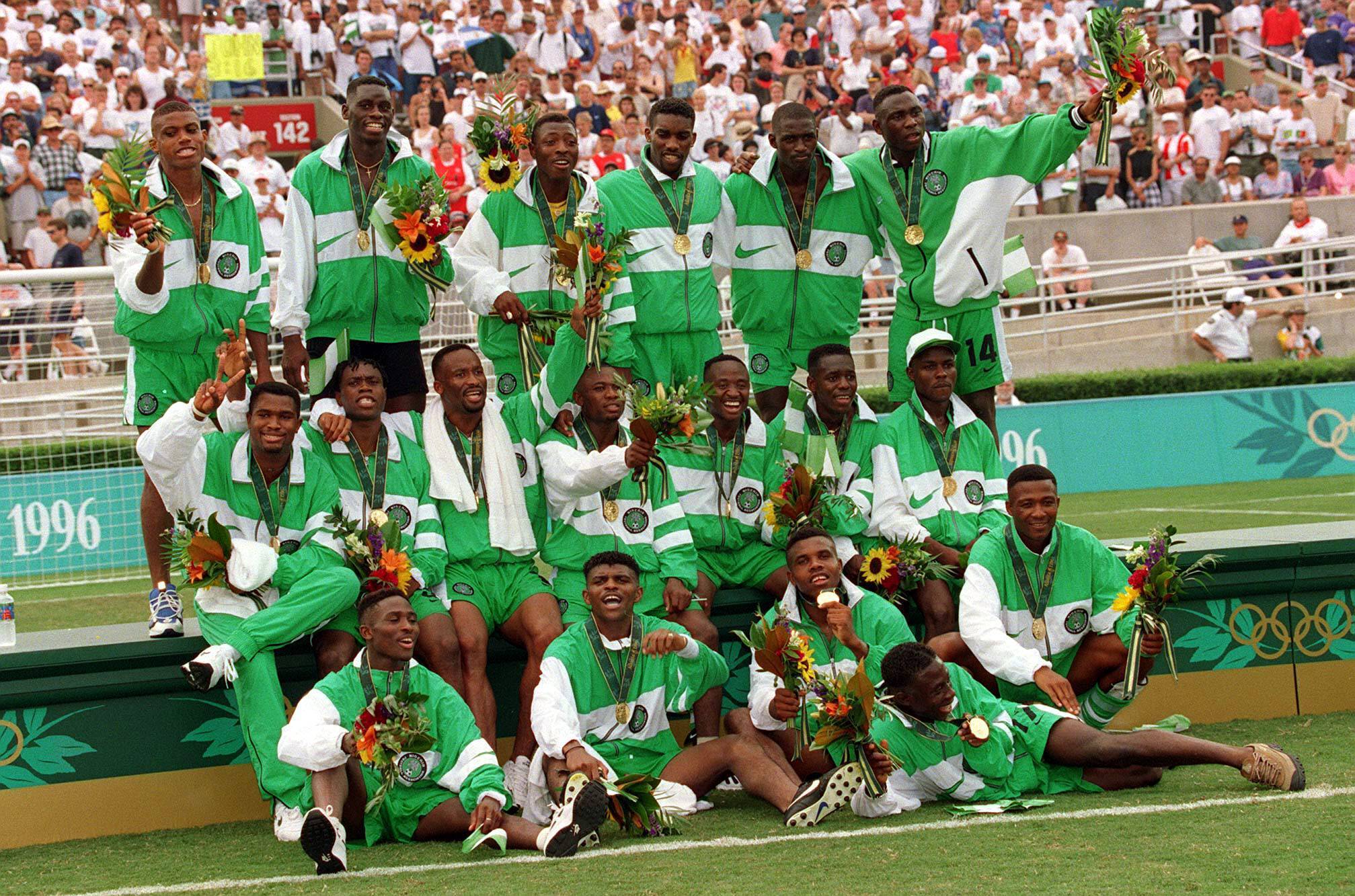 Nigeria team with Gold Medals Daniel Amokachi Emmanuel Amuneke Tijani Babangida Emmanuel Babayaro GK Celestine Babayaro Fatusi Victor Ikpeba Joseph Dosu GK Nwankwo Canoe Garba Lawal Abiodon Obafemi Kingsley Obiekwu Uche Okechukwu Jay Jay Okocha Sunday Oliseh Mobi Oparaku Wilson Oruma Taribo West. Olympic Final