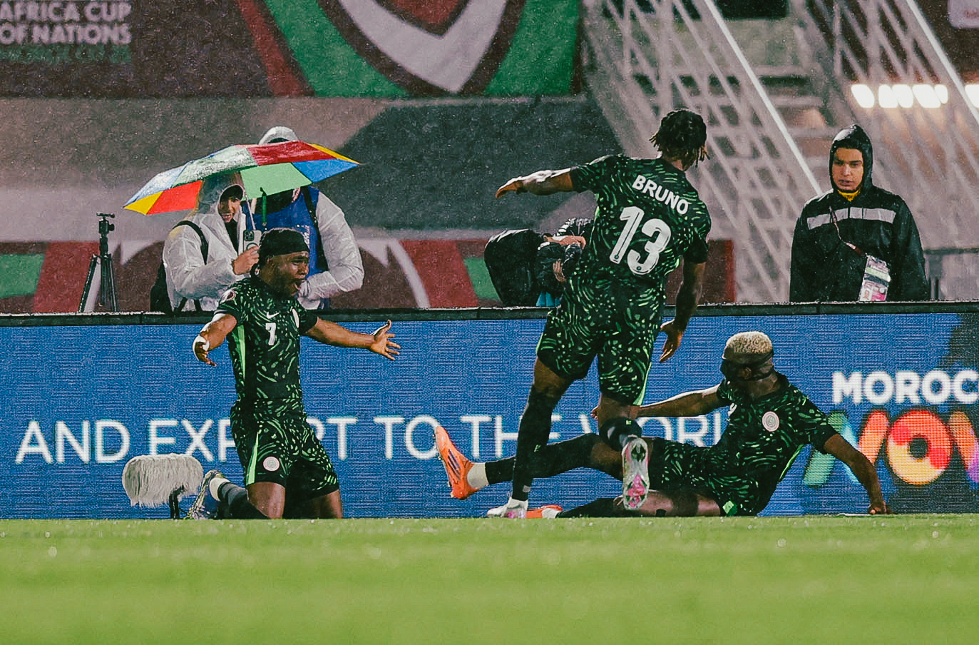 Ademola Lookman, Bruno Onyemaechi and Victor Osimhen celebrates Nigeria’s goal against Mozambique