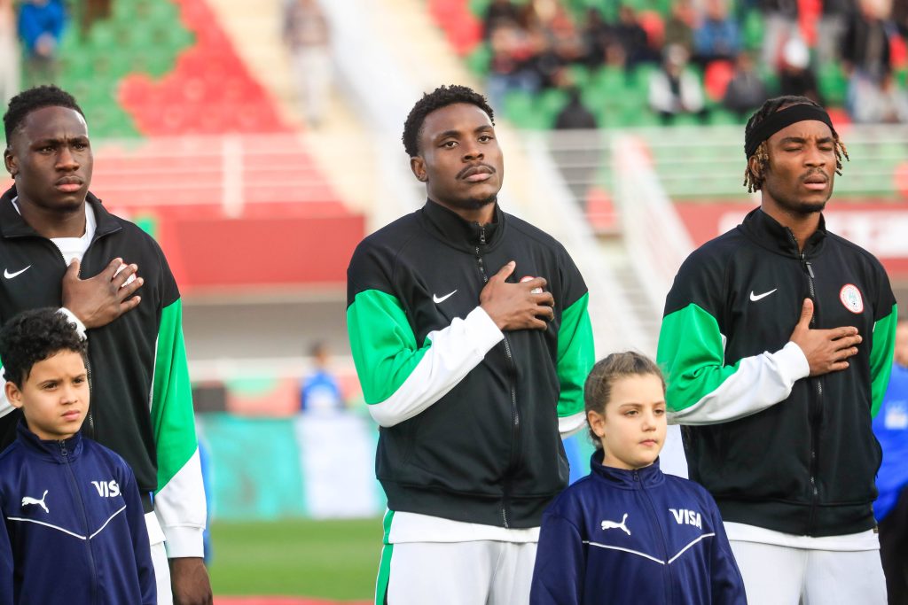 Calvin Bassey, Fisayo Dele-Bashiru and Onyemaechi Bruno during the Africa Cup of Nations AFCON match between Uganda and Nigeria