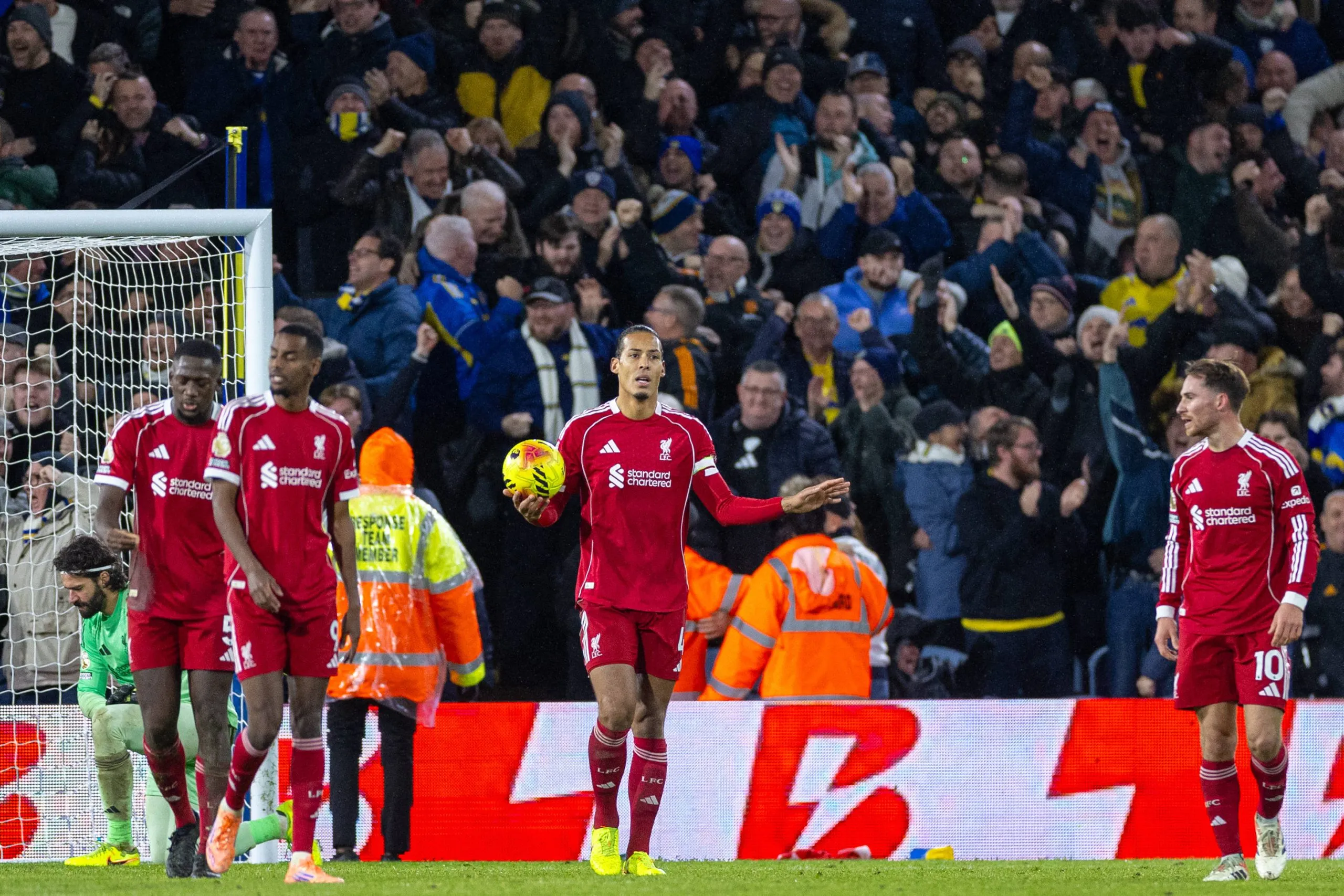 Liverpool captain Virgil van Dijk react to conceding the third goal during Premier League match at Leeds United at Elland Road