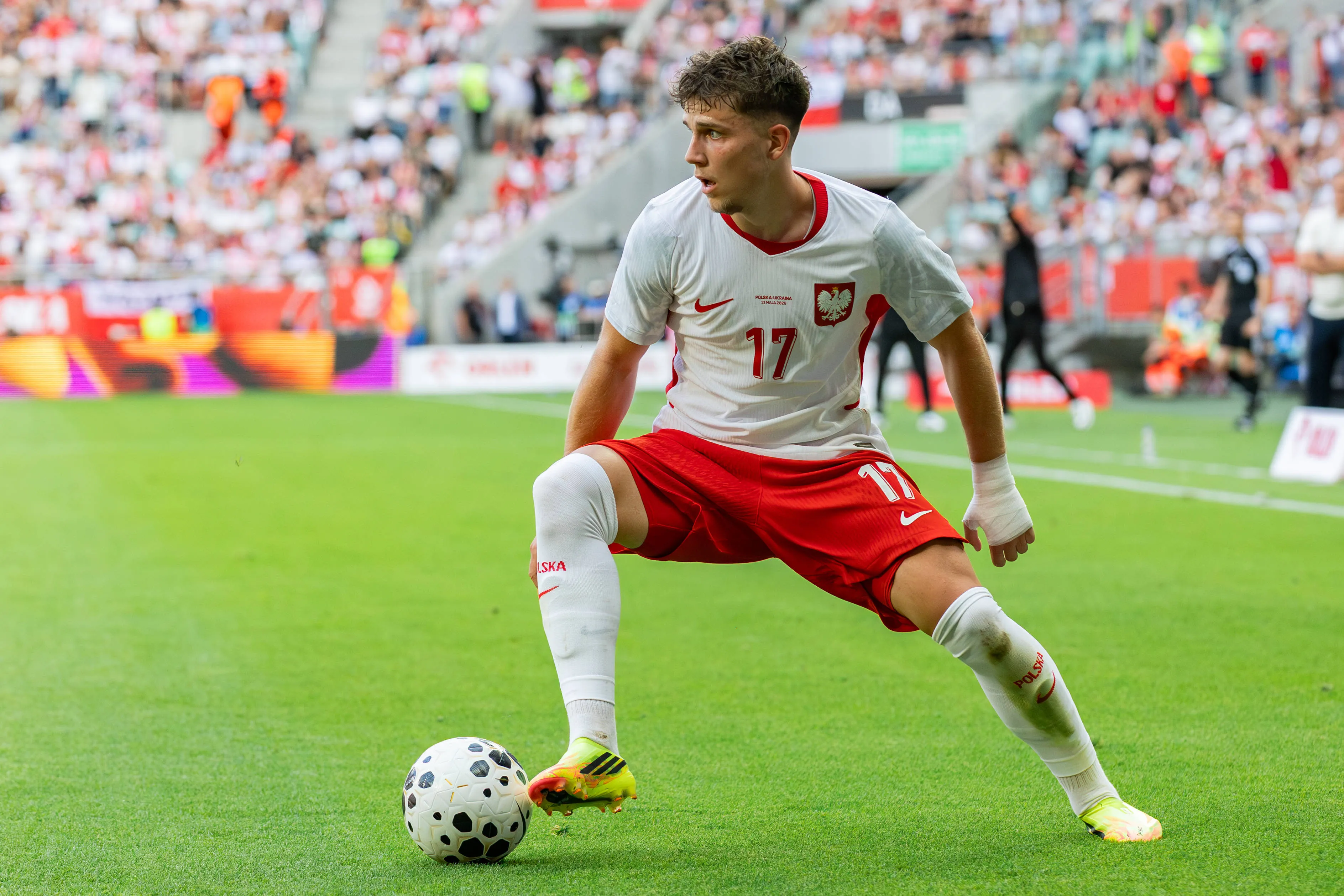 Poland vs Nigeria: Oskar Pietuszewski of Poland seen in action during the friendly match between Poland and Ukraine at Tarczynski Arena Wroclaw Stadium.