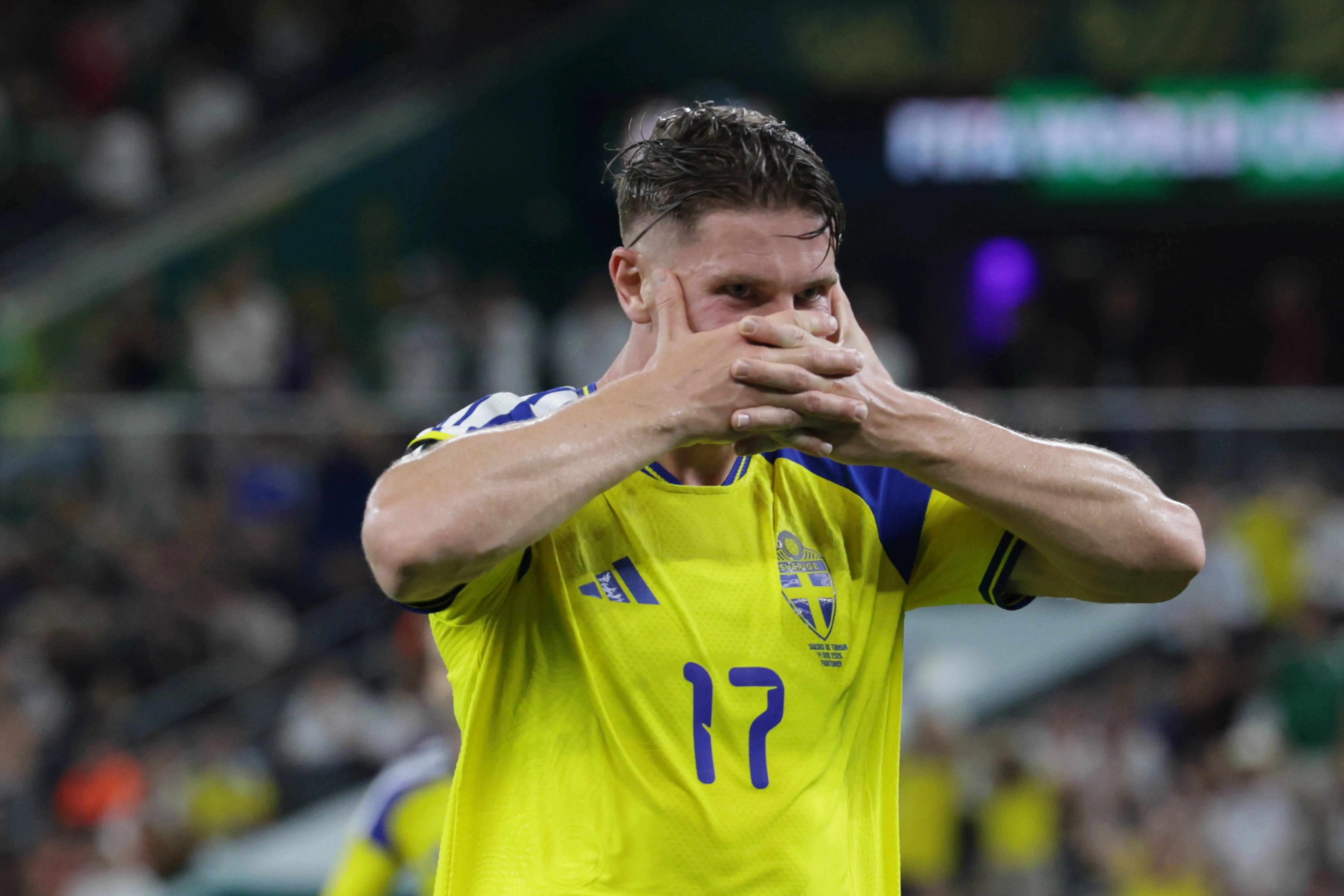 Viktor Gyökeres of Sweden celebrating after scoring a goal during the Group F first-round match of the 2026 FIFA World Cup at against Tunisia