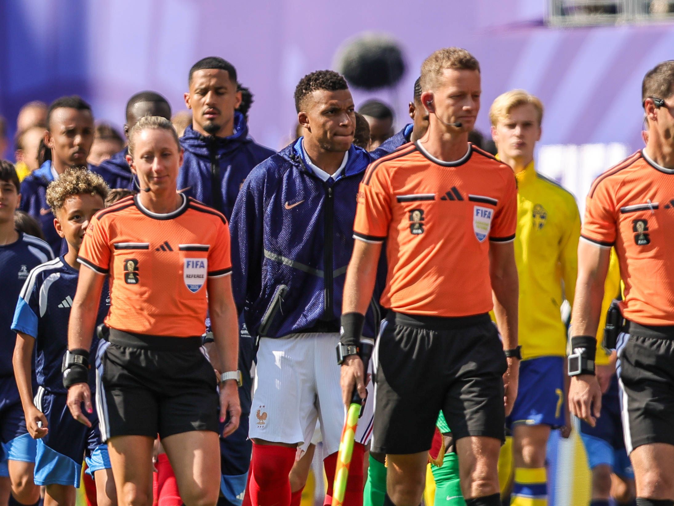 France forward KYLIAN MBAPPE 10 walks out to the pitch prior to the 2026 FIFA World Cup round of 32 match between France and Sweden at MetLife Stadium in East Rutherford. 
