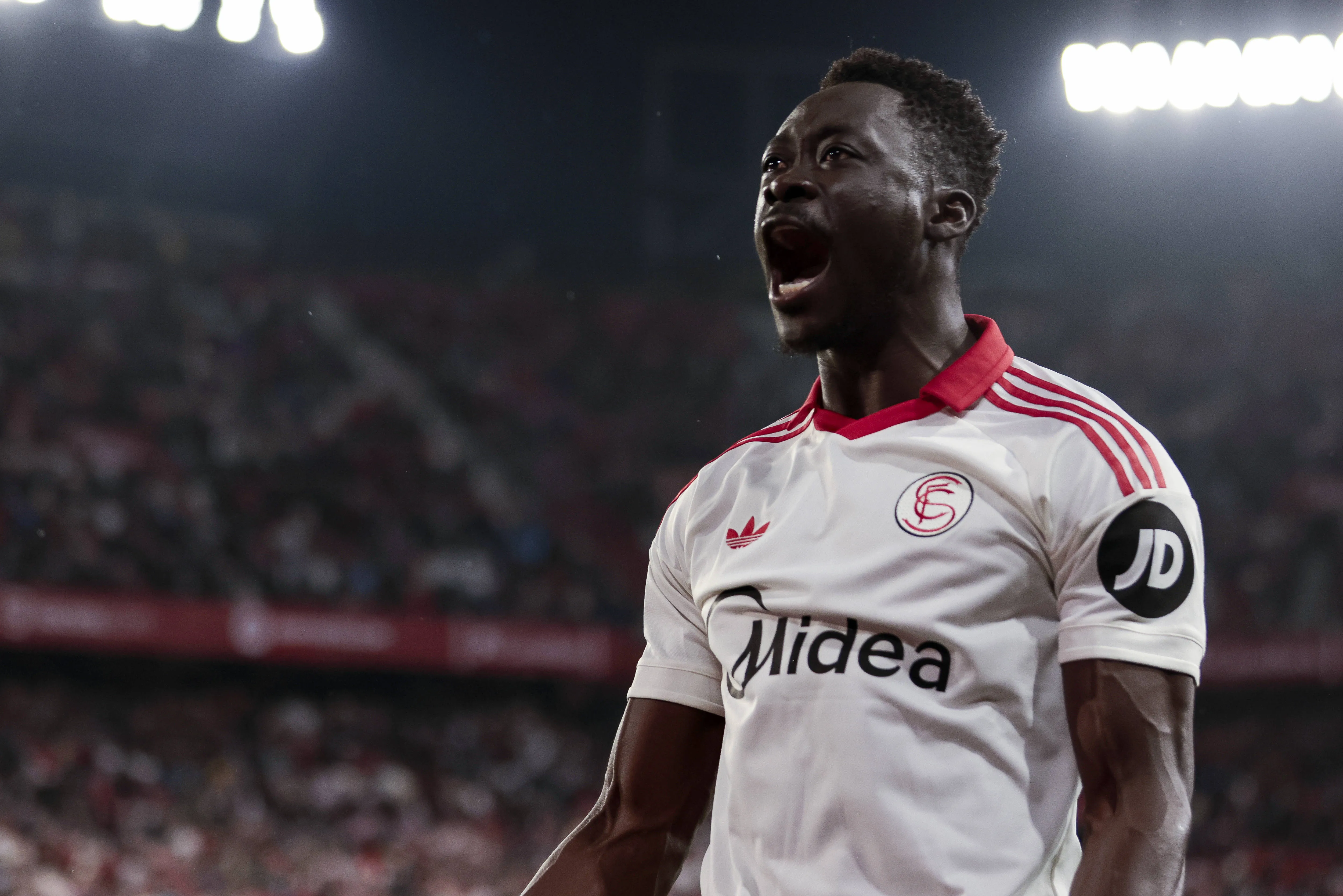 Akor Adams of Sevilla FC celebrates a goal