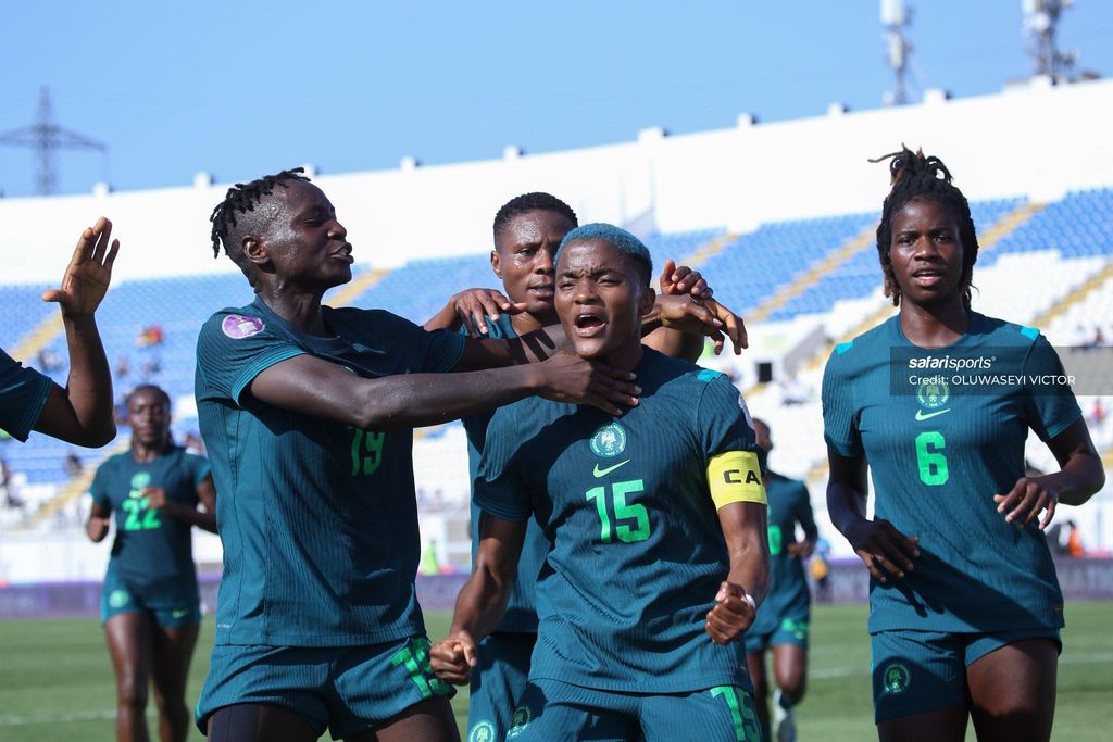 Rasheedat Ajibade celebtrates after scoring for the Super Falcons of Nigeria against South Africa