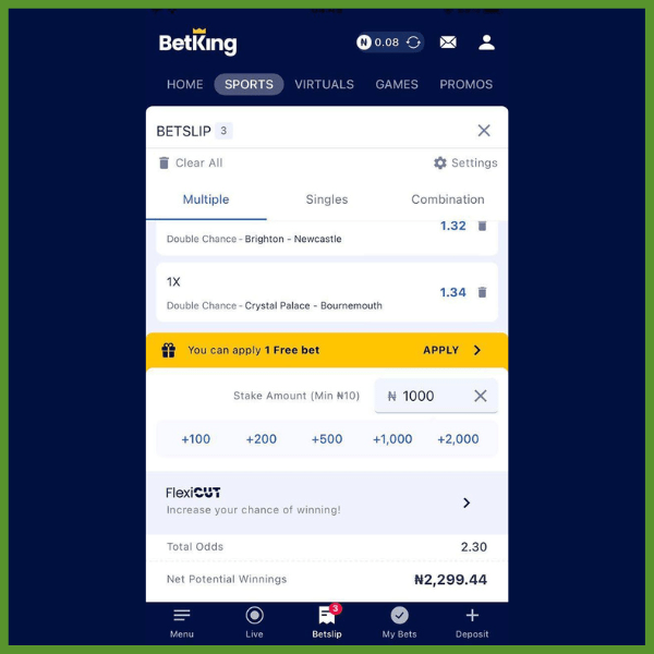 BetKing bet slip showing a 2-selection accumulator for Brighton vs Newcastle and Crystal Palace vs Bournemouth, 2.30 odds with ₦1,000 stake.