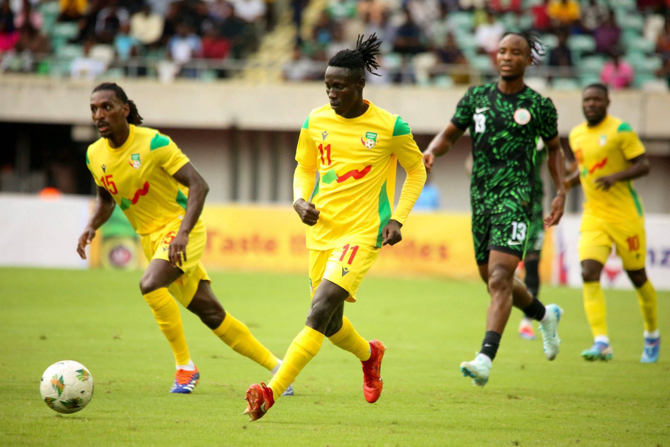 Onyemaechi Bruno, Abdoul Rachid Moumini and D almeida Sessi Octave Emile during the 2025 Africa Cup of Nations AFCON qualifier match between Nigeria and Benin Republic at Godwill Akpabio Stadium on September 7, 2024 in Uyo, Nigeria