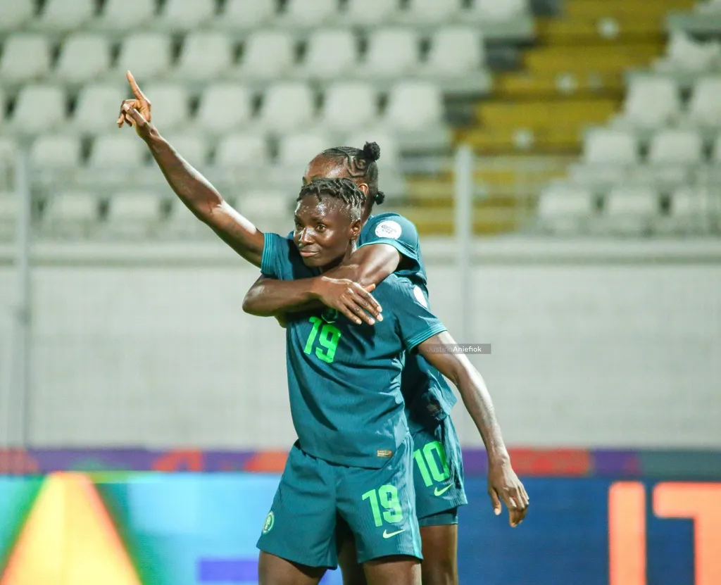 Chiwendu Ihezuo celebrating Nigeria's 89th minute winner against Botswana at the WAFCON 2024 tournament.