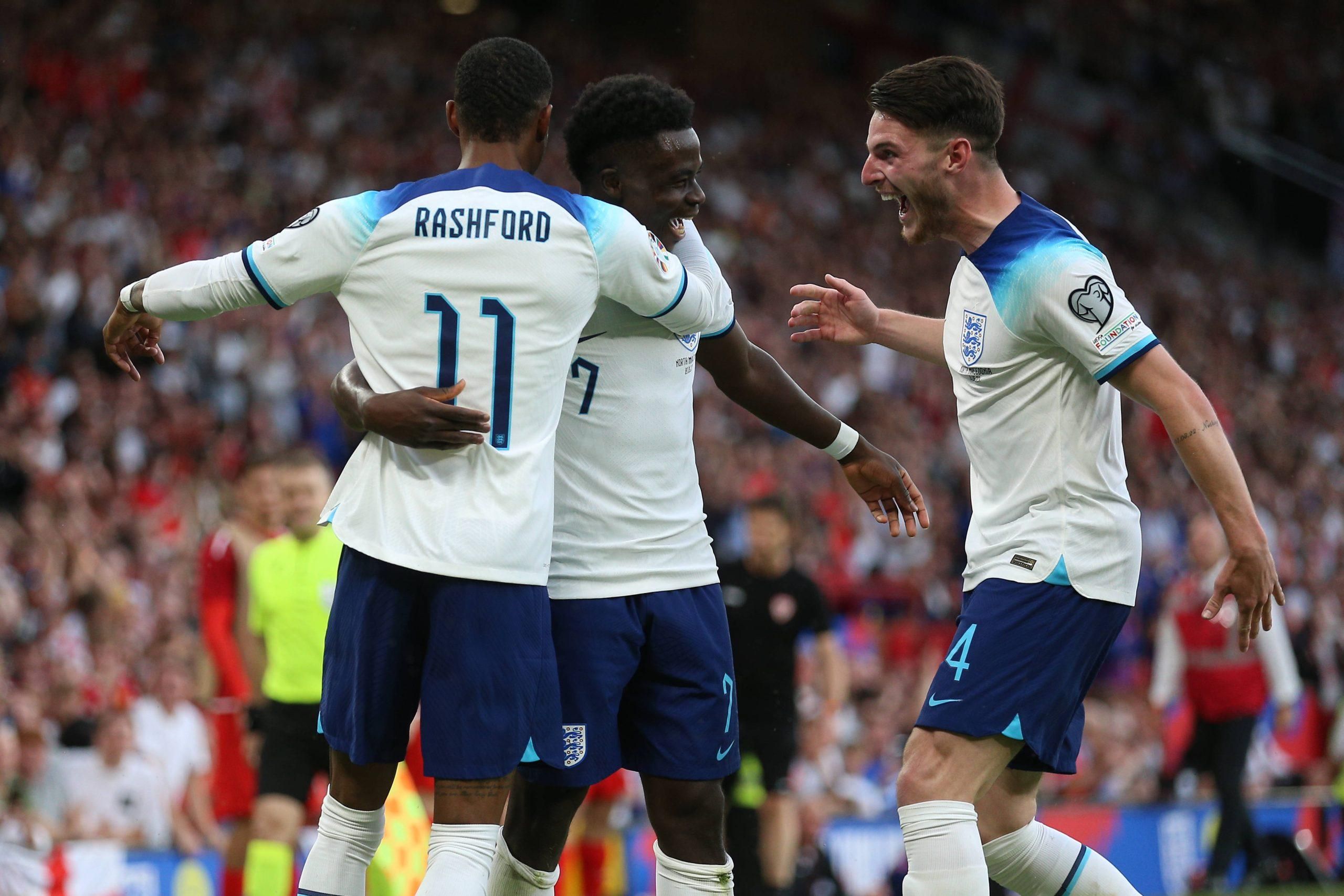 Bukayo Saka celebrates his 3rd goal with Marcus Rashford and Declan Rice during the UEFA EURO 2024 Qualifying Round Group C match between England and North Macedonia