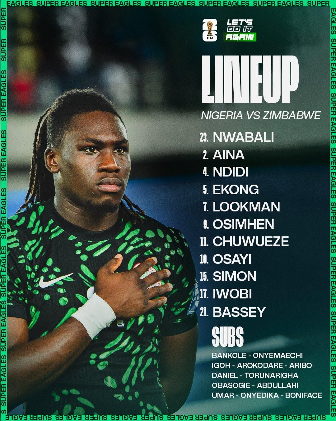 Super Eagles lineup against Zimbabwe (Photo credit: Super Eagles X)